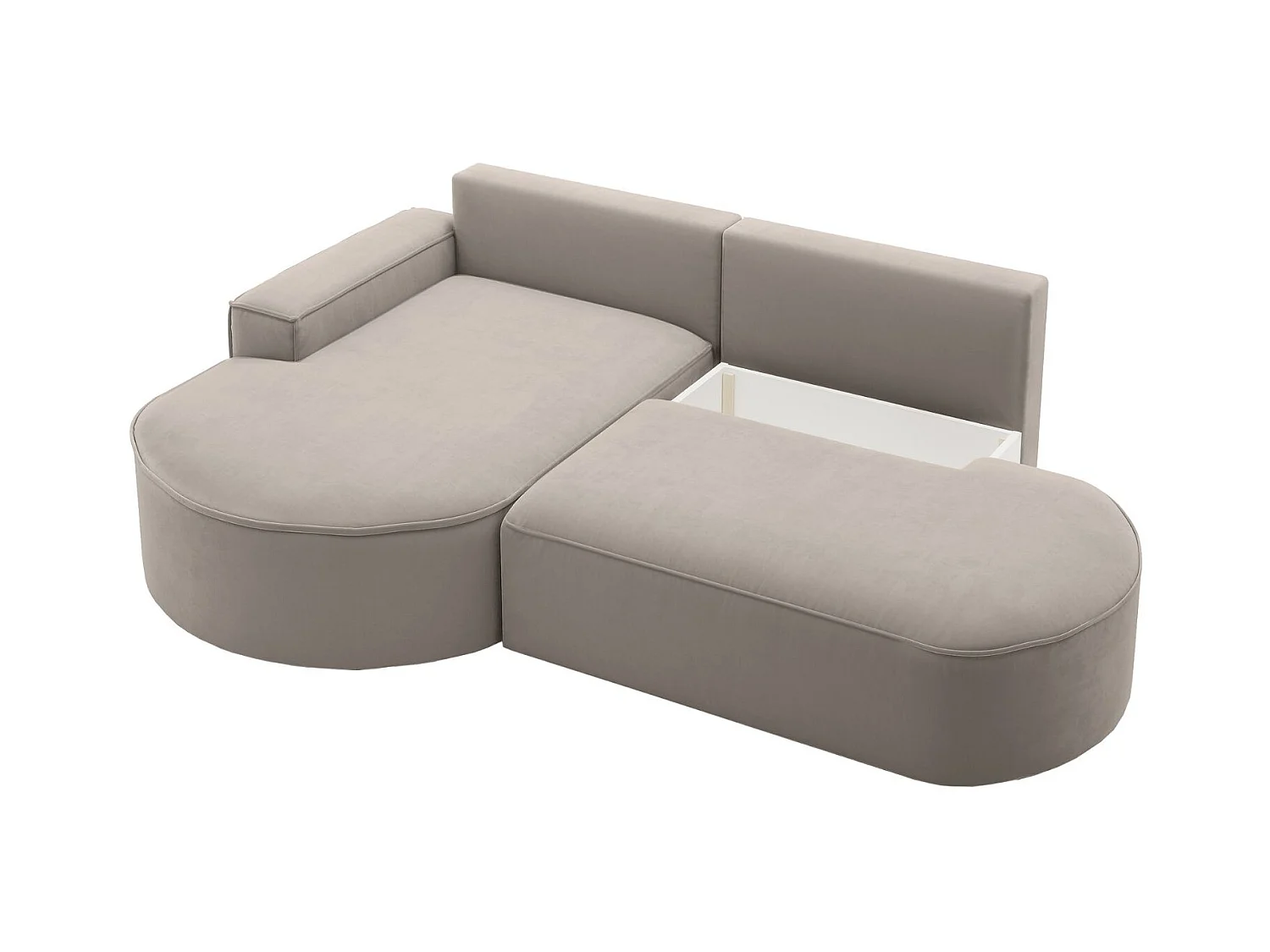 Canapé d'angle avec fonction couchage et coffre de lit Modena Round tissu Salvador Beige clair Gauche