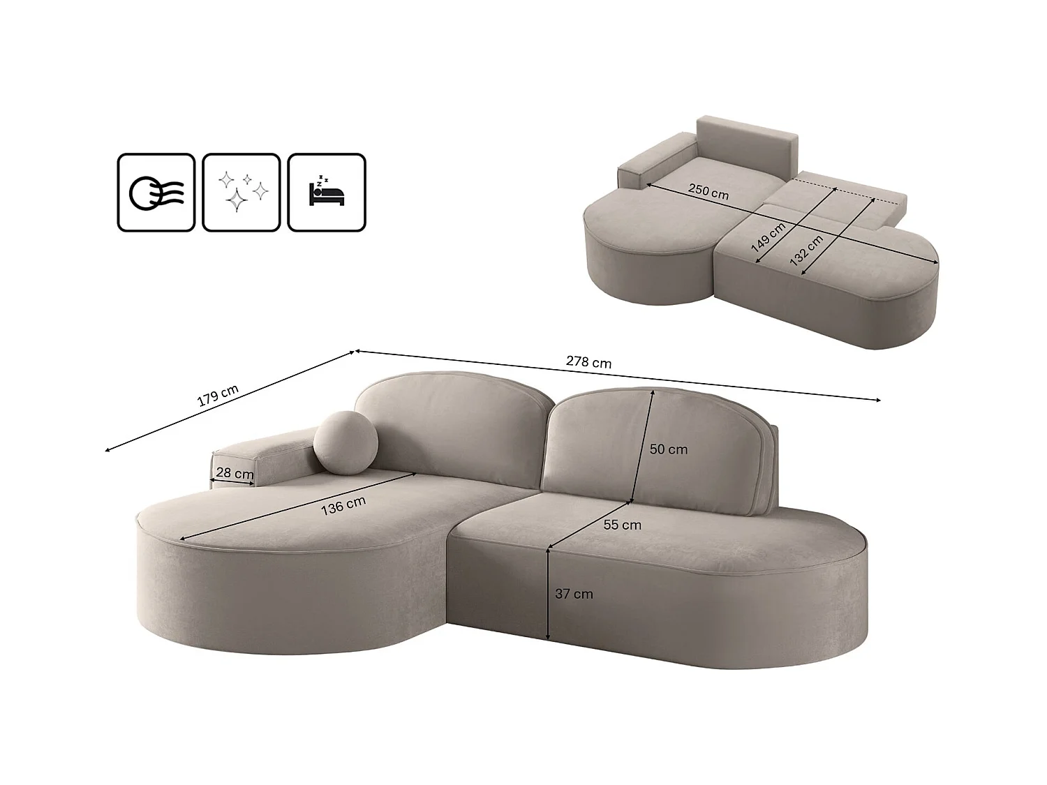 Canapé d'angle avec fonction couchage et coffre de lit Modena Round tissu Salvador Beige clair Gauche