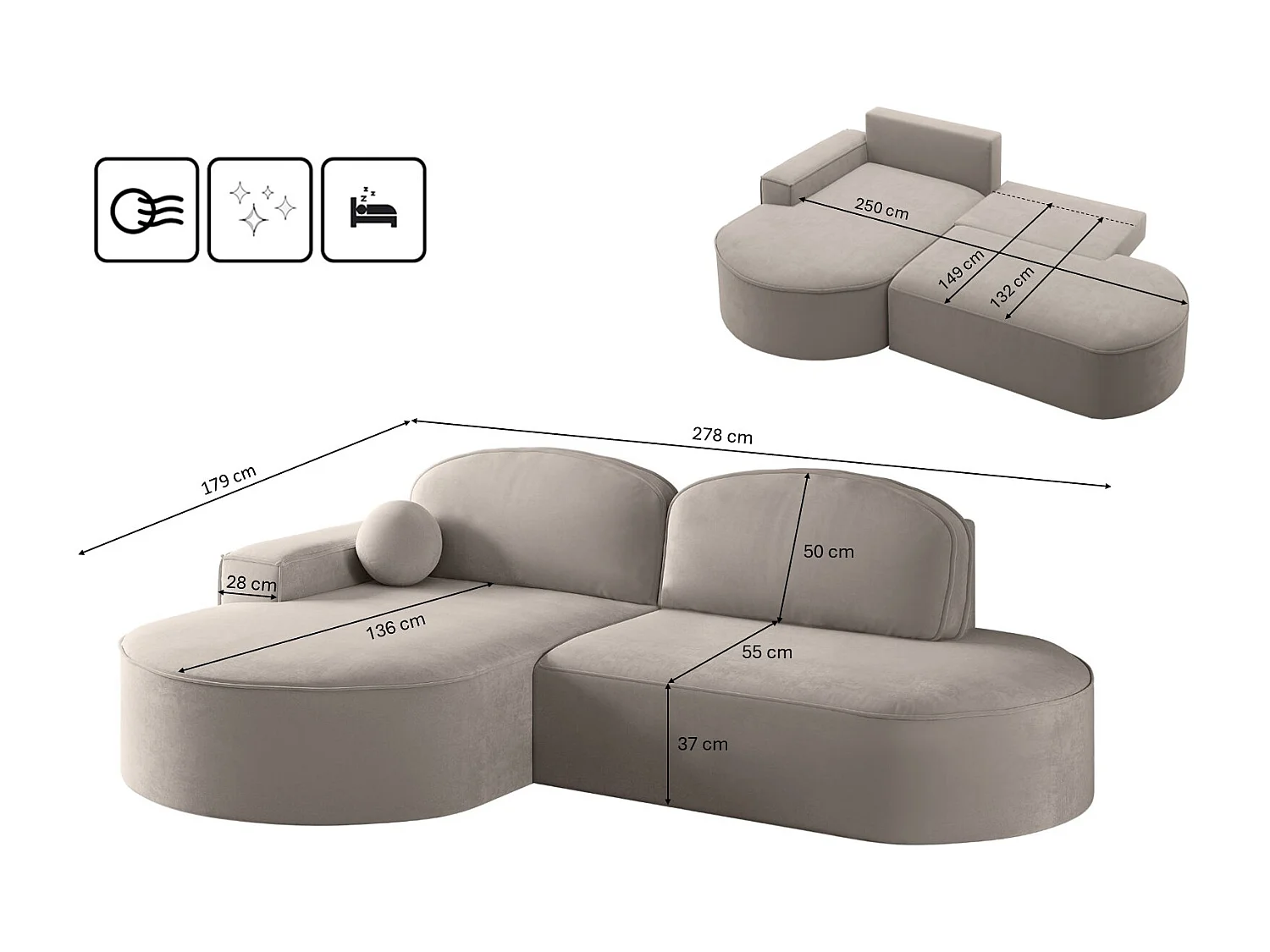 Hoekbank met slaapfunctie en bedstee Modena Rond stof Salvador Lichtbeige Links