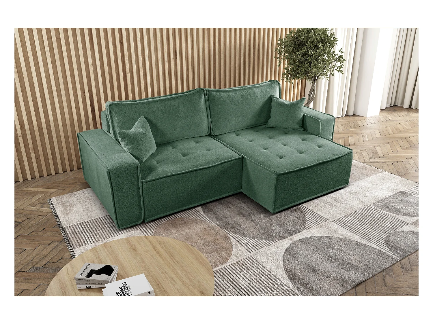 Canapé d'angle Bohoo en L avec convertible, tissu Raven, vert clair, à droite