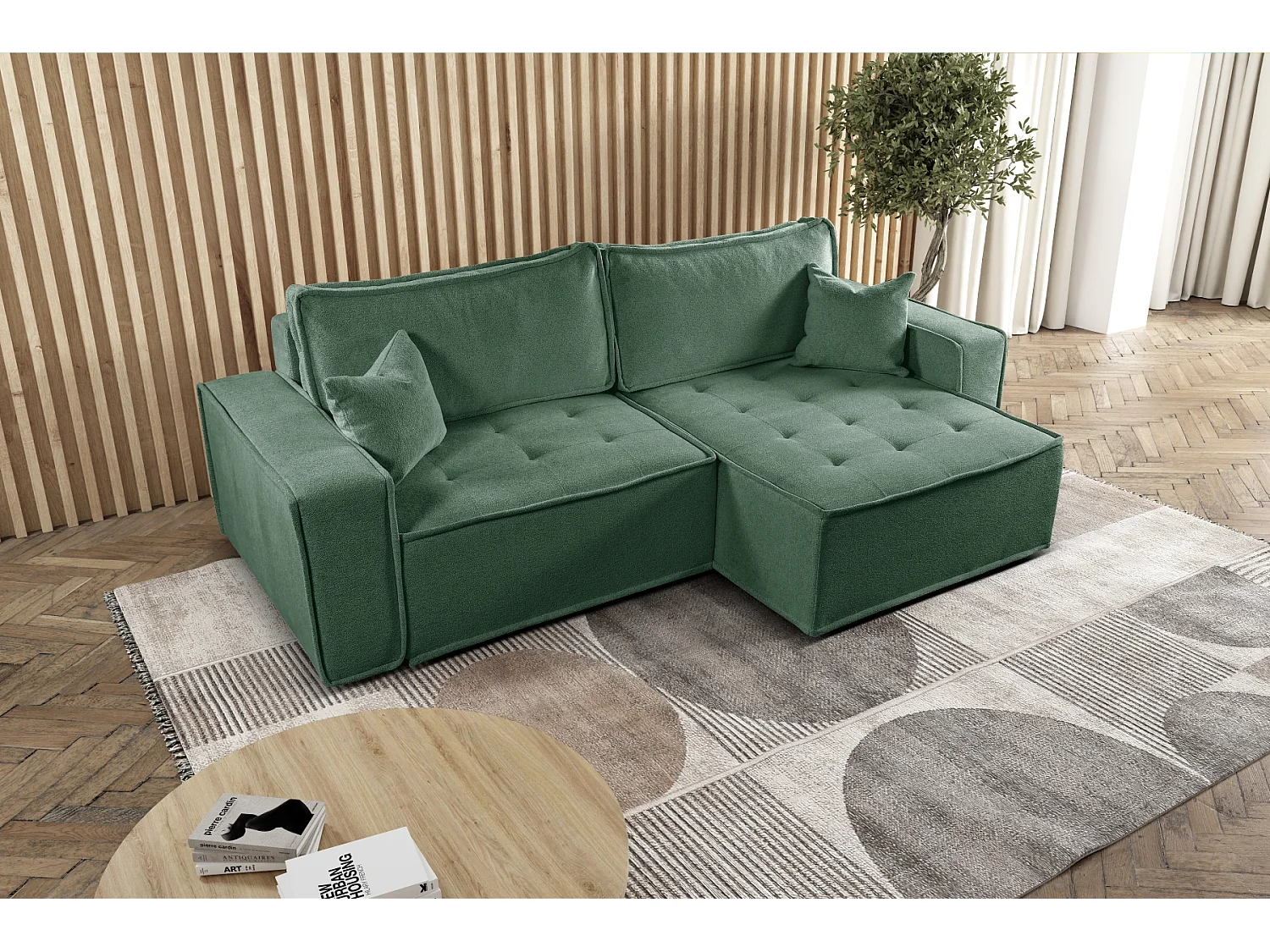 Canapé d'angle Bohoo en L avec convertible, tissu Raven, vert clair, à droite