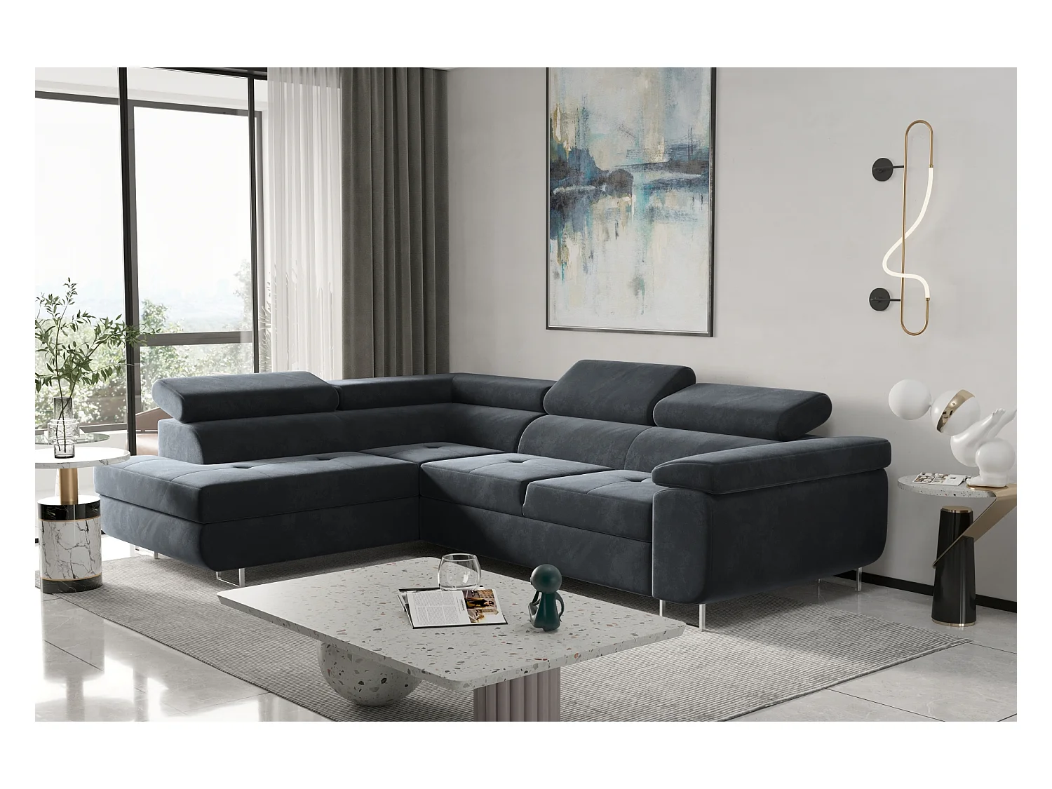 Canapé d'angle ATOM avec fonction couchage, tissu Monolith, anthracite, gauche
