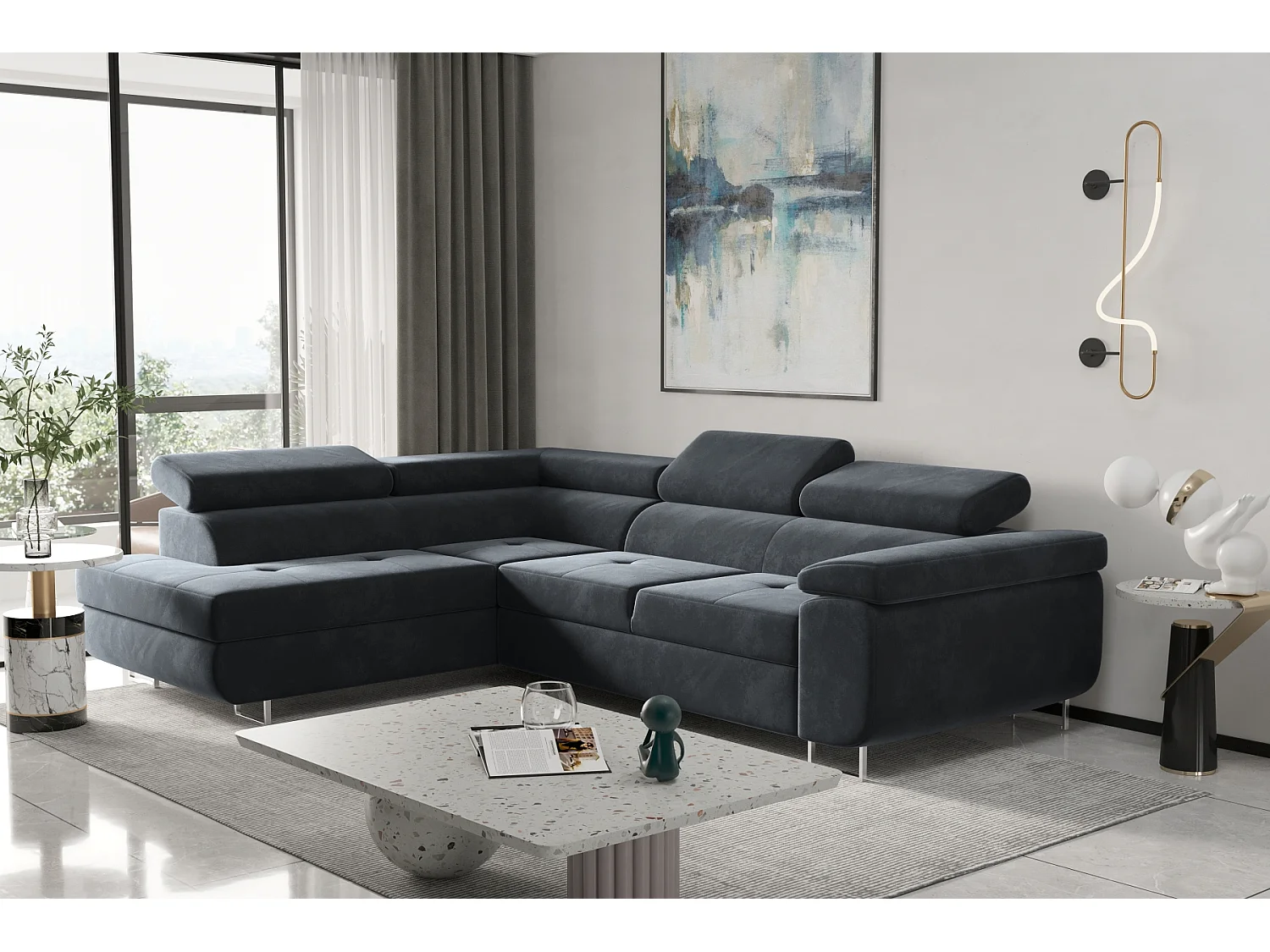 Canapé d'angle ATOM avec fonction couchage, tissu Monolith, anthracite, gauche