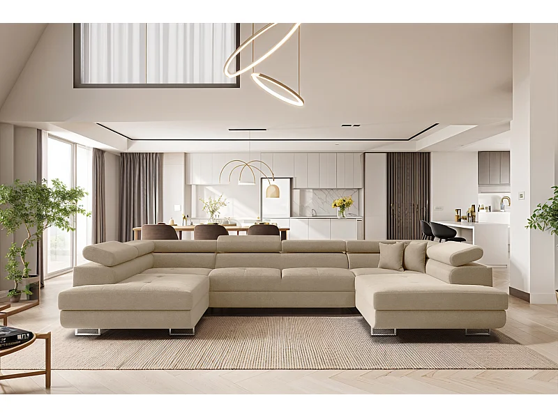 Ecksofa FALIO U-Form mit Schlaffunktion, Stoff Noel, Hellbeige