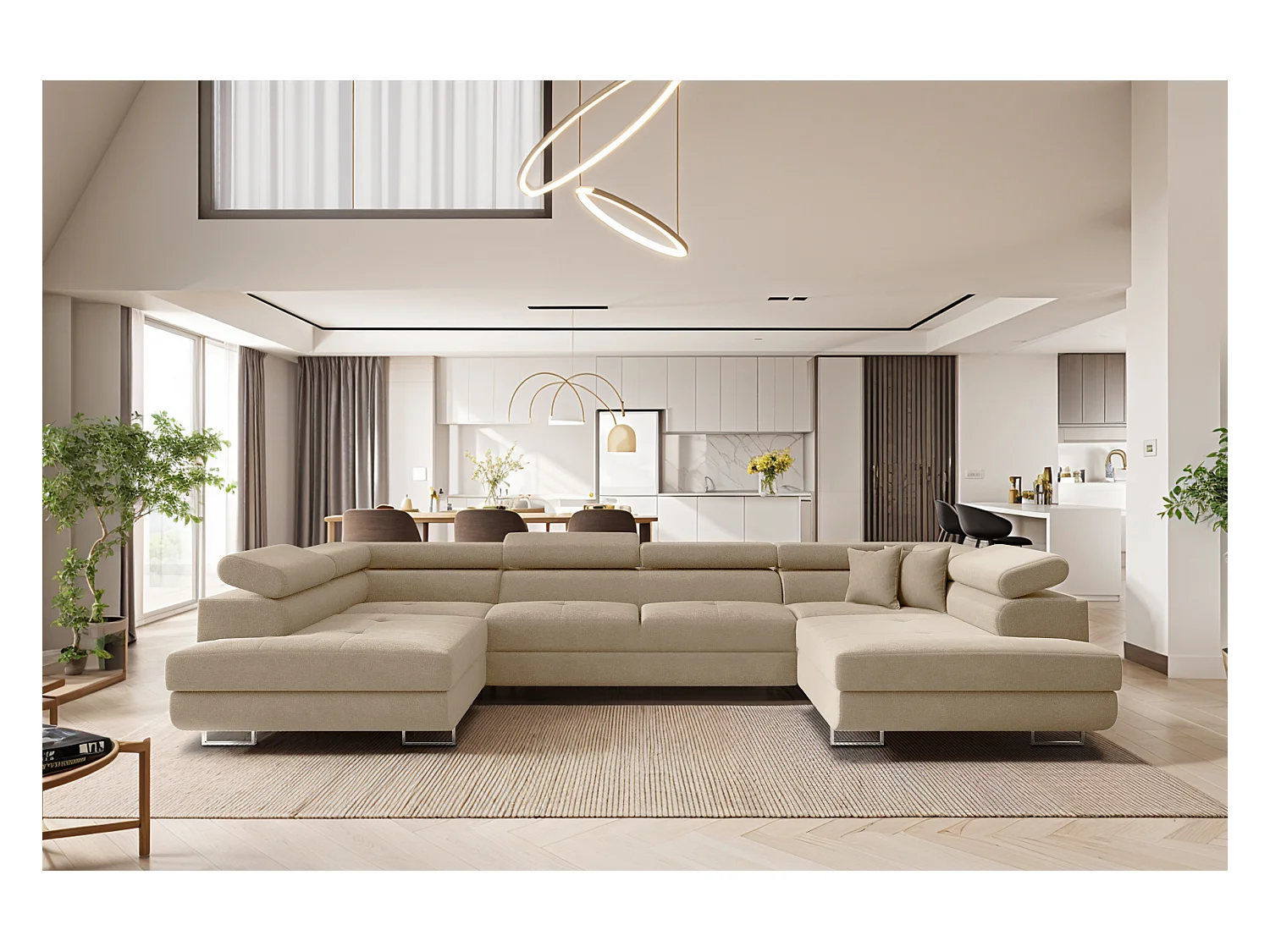 Canapé d'angle en U FALIO avec fonction couchage, tissu Noel, beige clair