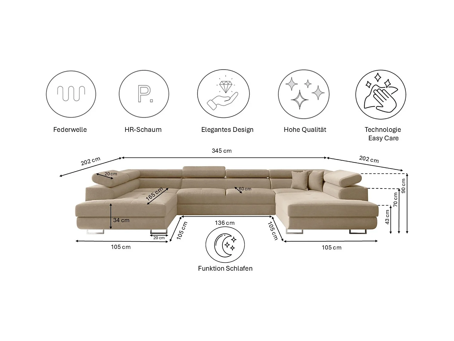 Canapé d'angle en U FALIO avec fonction couchage, tissu Noel, beige clair