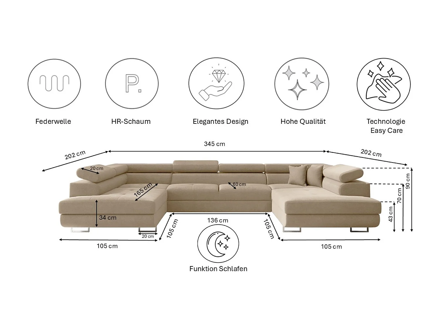 Canapé d'angle en U FALIO avec fonction couchage, tissu Noel, beige clair