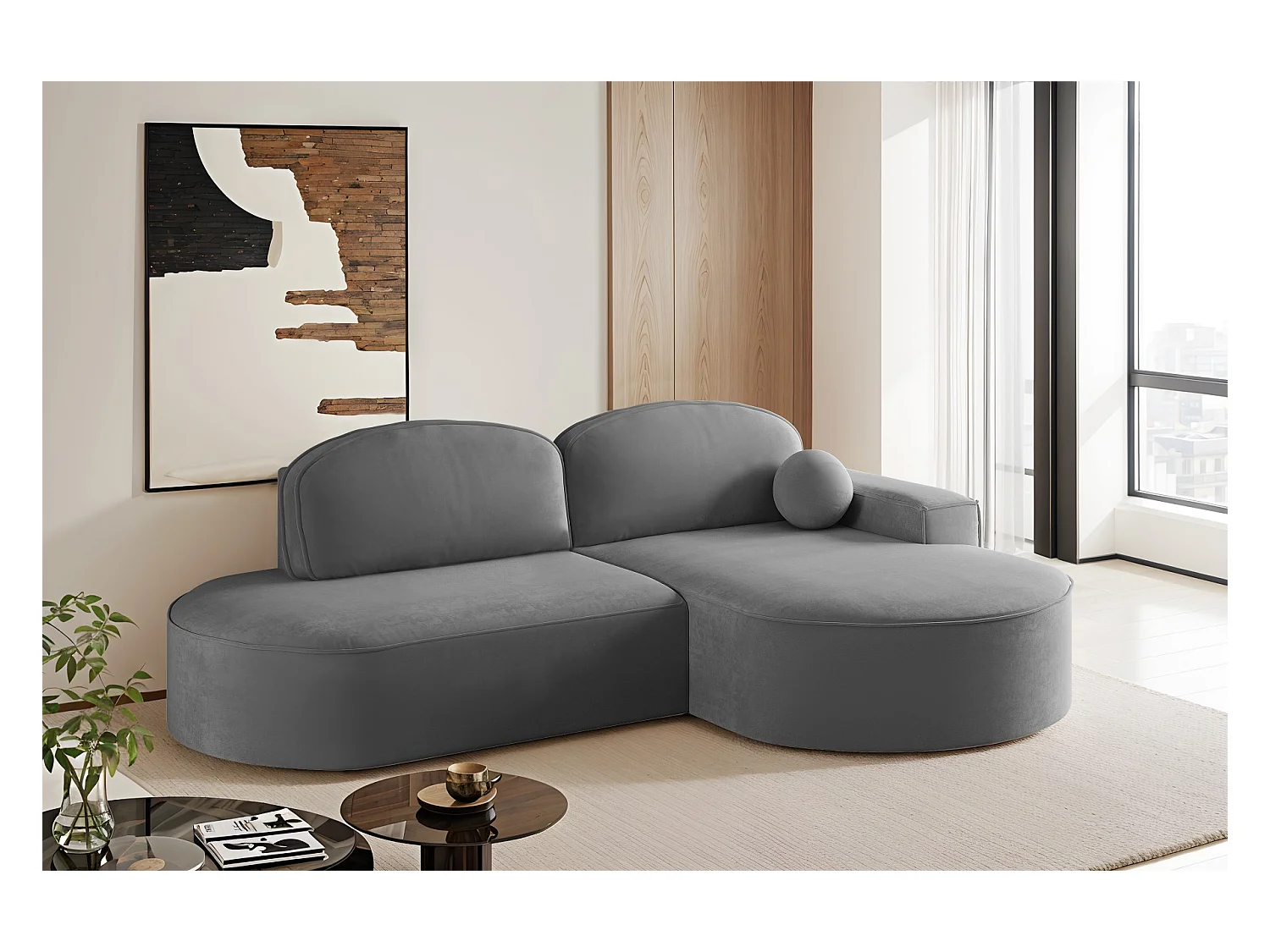 Canapé d'angle avec fonction couchage et coffre de lit Modena Rond tissu Salvador Anthracite Droite