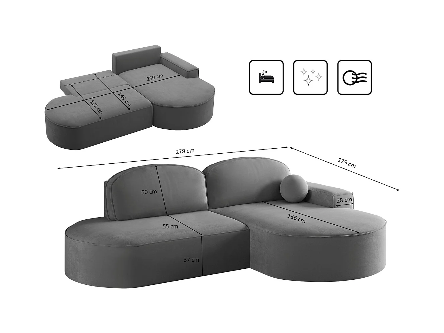 Canapé d'angle avec fonction couchage et coffre de lit Modena Rond tissu Salvador Anthracite Droite