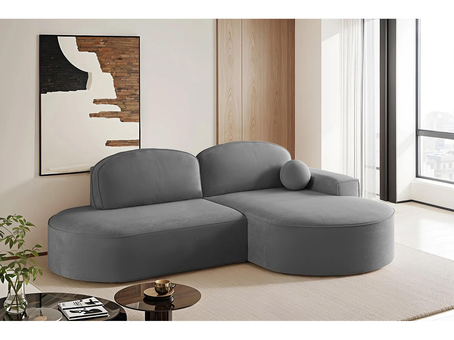 Canapé d'angle avec fonction couchage et coffre de lit Modena Rond tissu Salvador Anthracite Droite