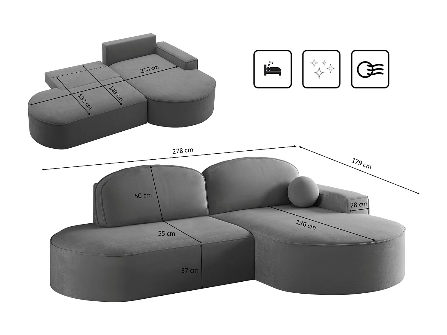 Canapé d'angle avec fonction couchage et coffre de lit Modena Rond tissu Salvador Anthracite Droite
