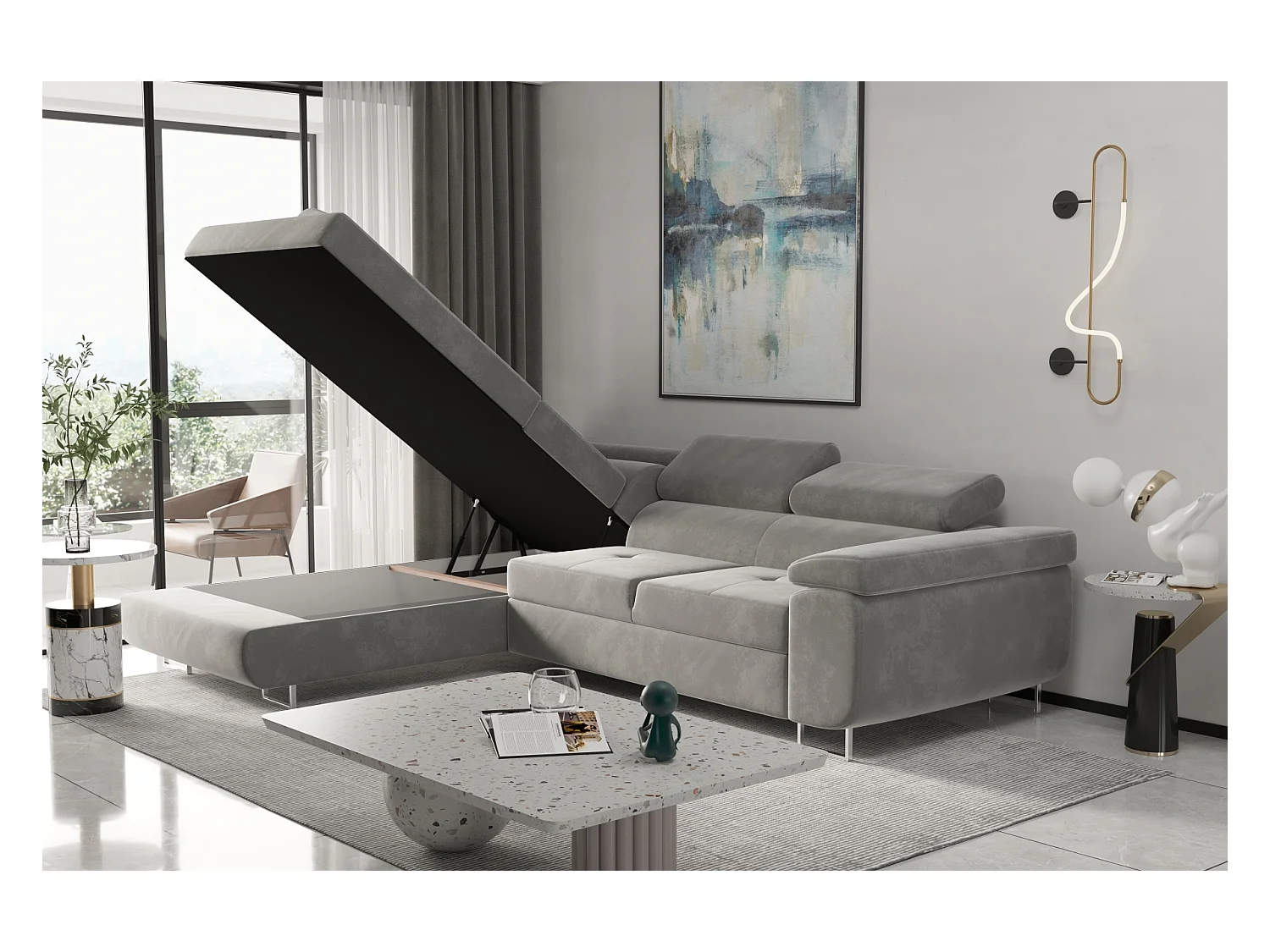 Canapé d'angle ATOM avec fonction couchage, tissu Monolith, gris clair, gauche