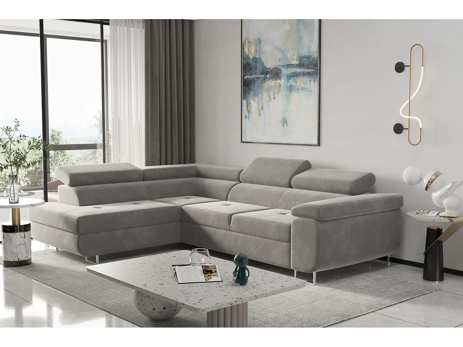 Canapé d'angle ATOM avec fonction couchage, tissu Monolith, gris clair, gauche
