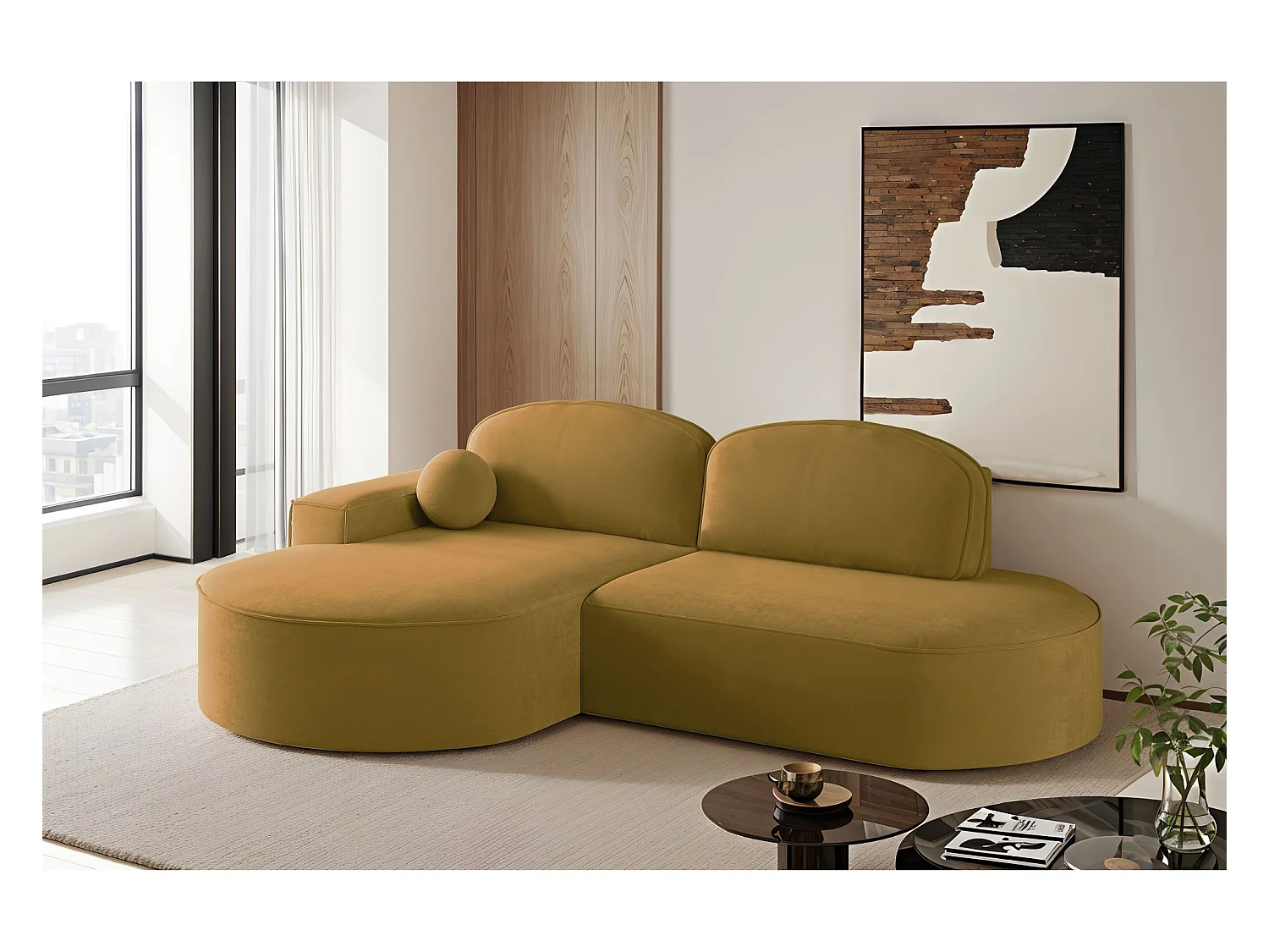 Canapé d'angle avec fonction couchage et coffre de lit Modena Round tissu Salvador Jaune Gauche