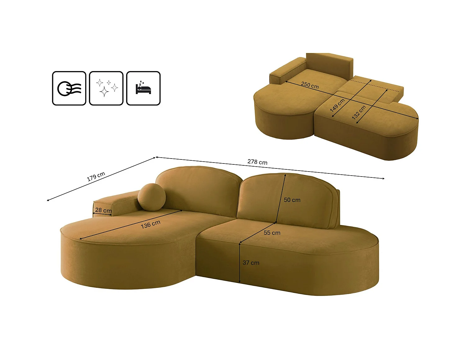 Canapé d'angle avec fonction couchage et coffre de lit Modena Round tissu Salvador Jaune Gauche