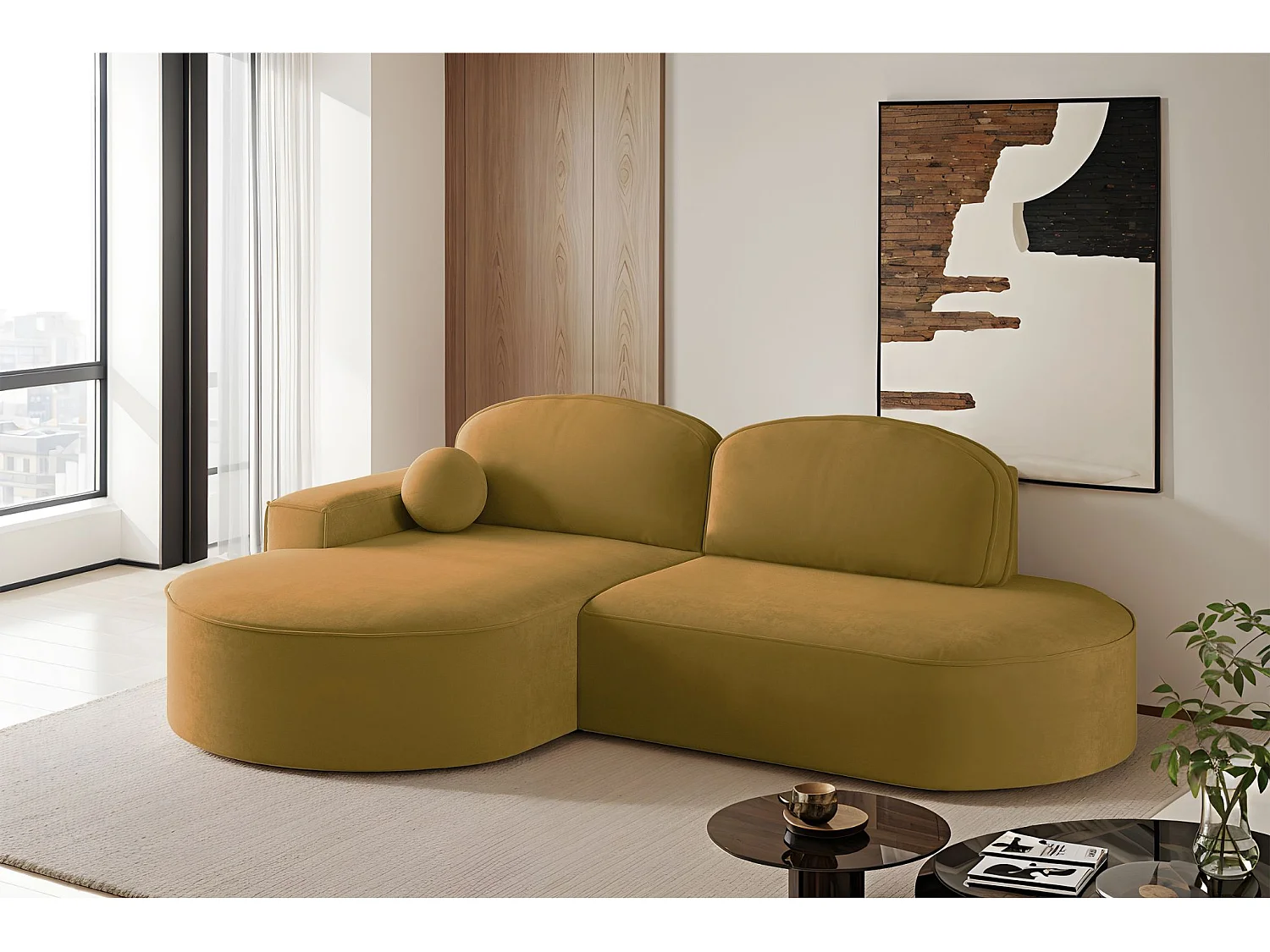 Canapé d'angle avec fonction couchage et coffre de lit Modena Round tissu Salvador Jaune Gauche
