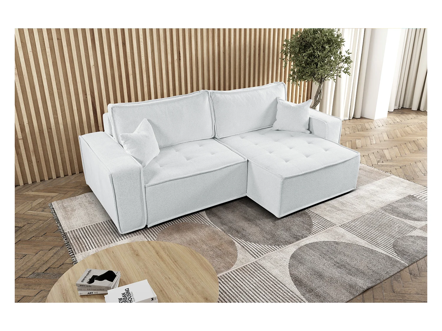 Canapé d'angle Bohoo en L avec convertible, tissu Raven, écru, droit