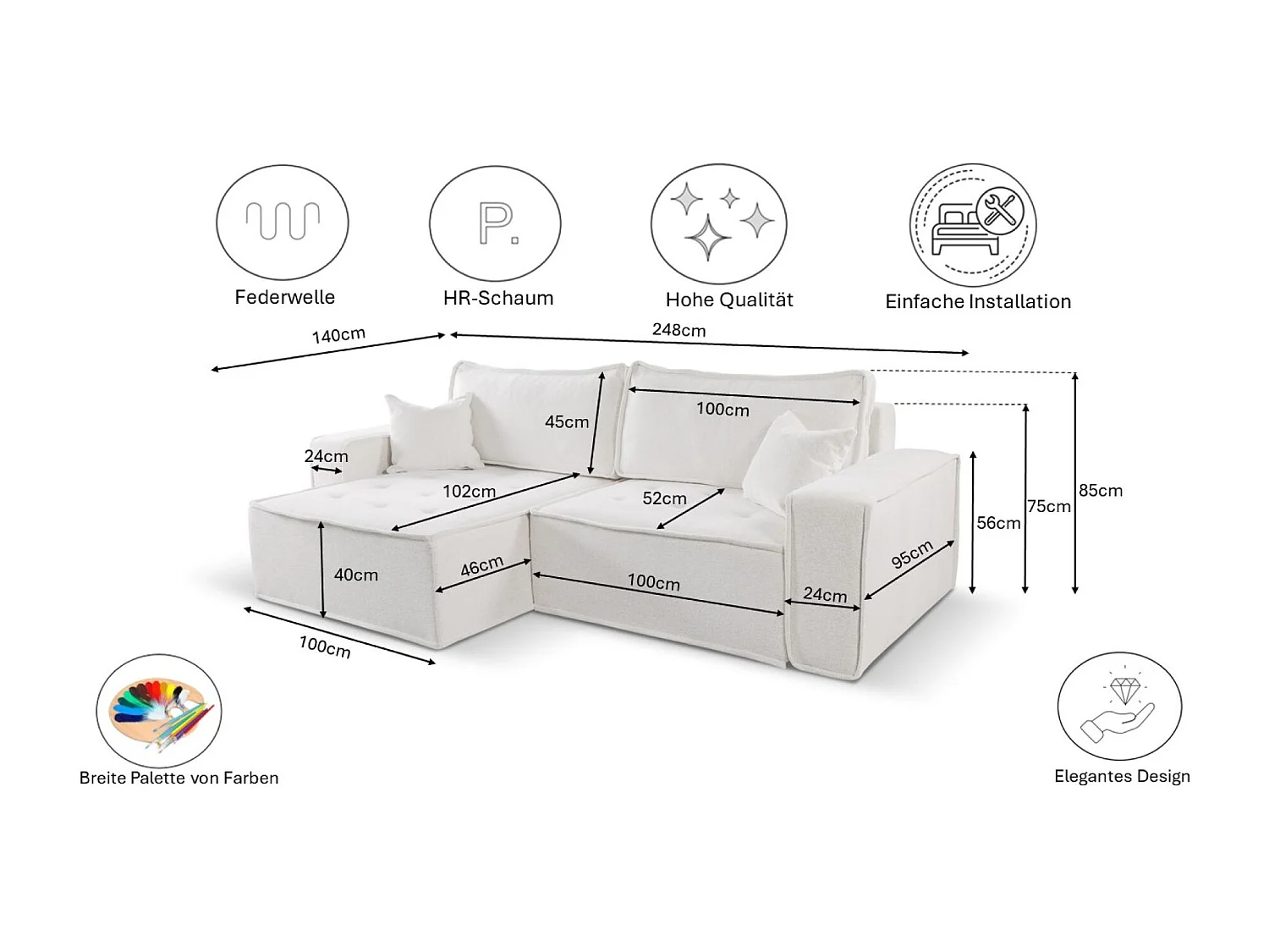 Canapé d'angle Bohoo en L avec convertible, tissu Raven, écru, droit