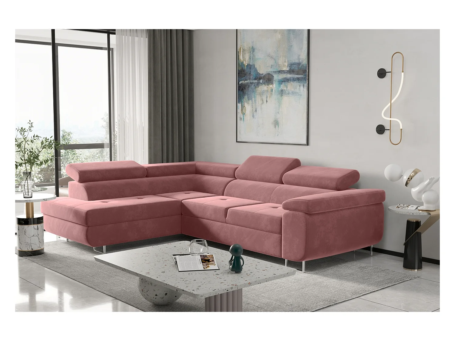 Canapé d'angle ATOM avec fonction couchage, tissu Monolith, rose, gauche