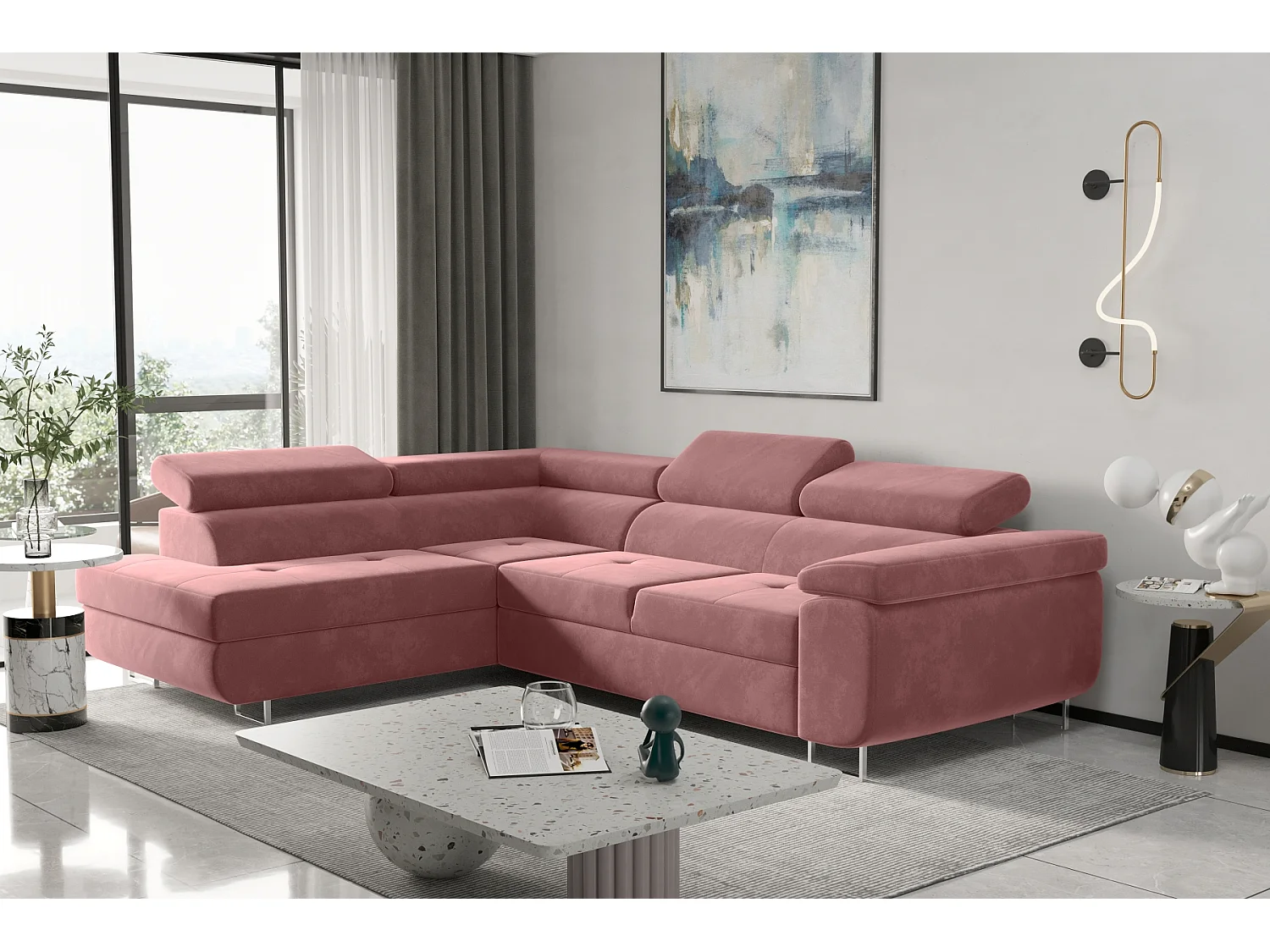 Canapé d'angle ATOM avec fonction couchage, tissu Monolith, rose, gauche
