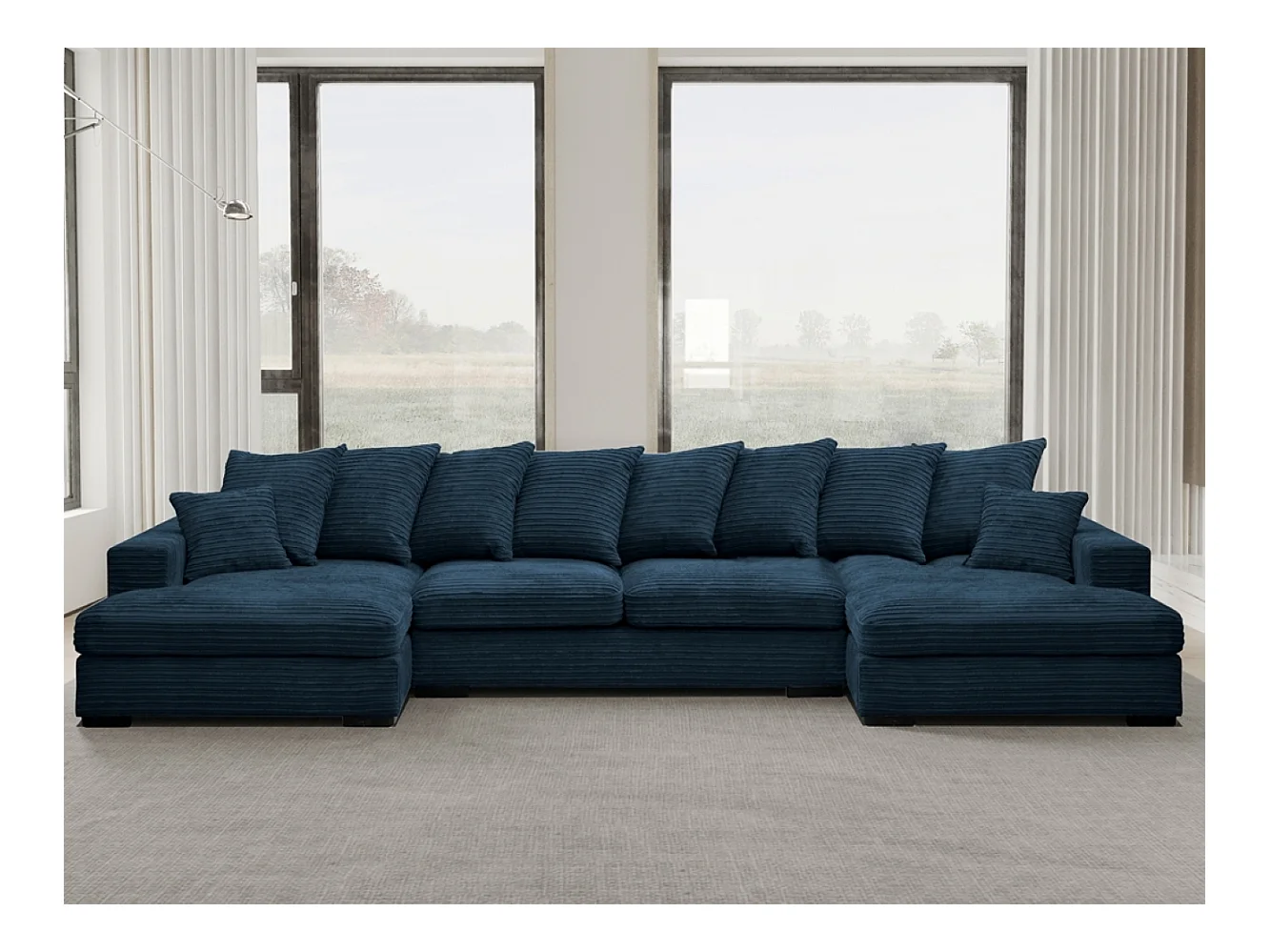 Canapé d'angle avec fonction couchage et coffre de lit, Canapé en U, Canapé en U tissu Gabon Zoom Bleu