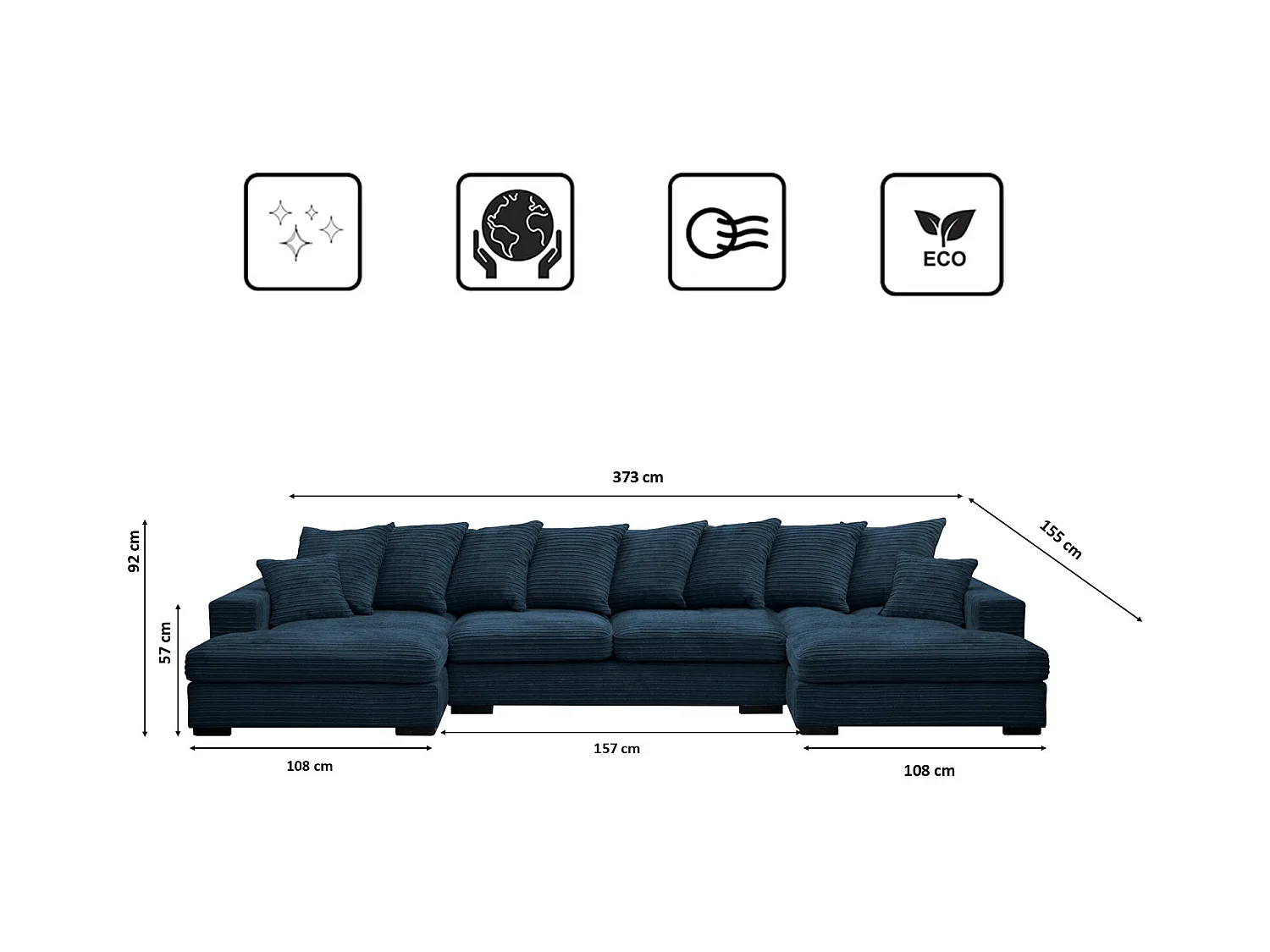 Canapé d'angle avec fonction couchage et coffre de lit, Canapé en U, Canapé en U tissu Gabon Zoom Bleu