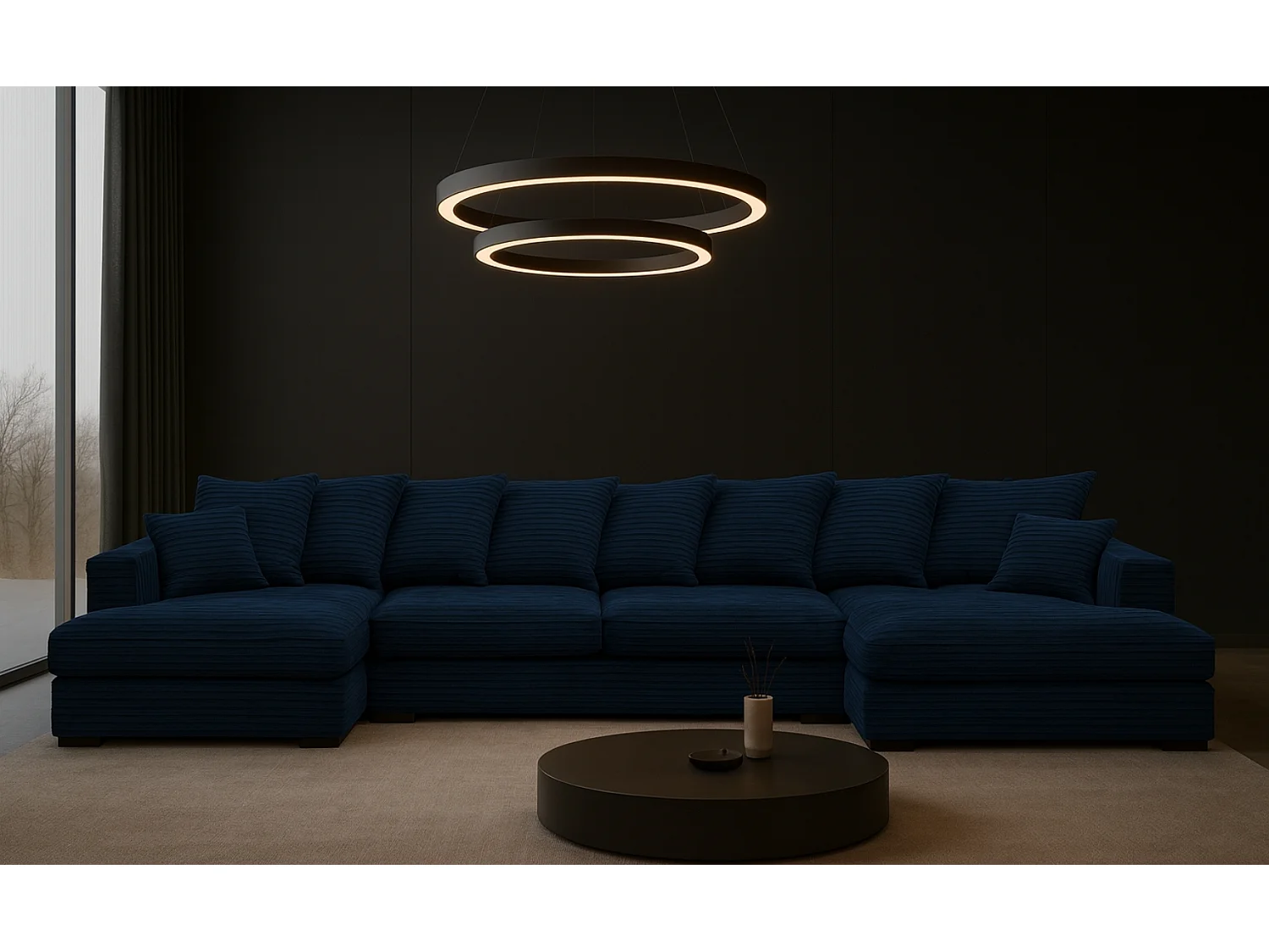 Canapé d'angle avec fonction couchage et coffre de lit, Canapé en U, Canapé en U tissu Gabon Zoom Bleu