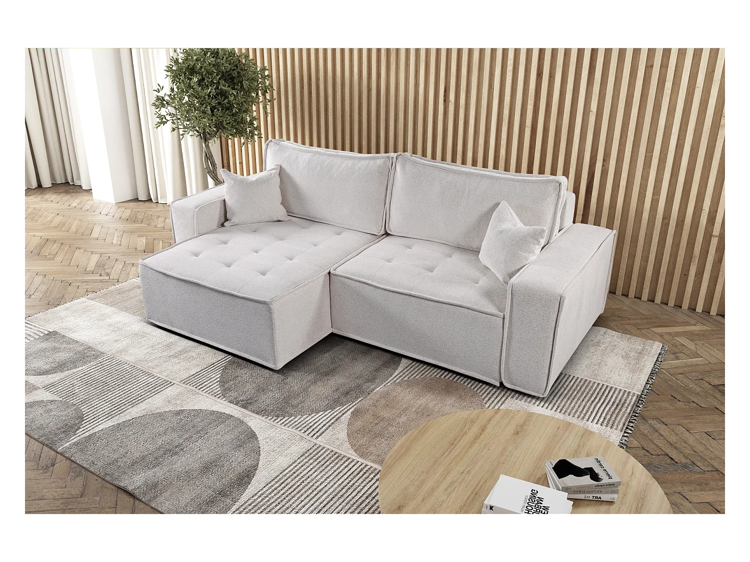 Divano angolare a L Bohoo con letto, tessuto Raven, beige chiaro, sinistra