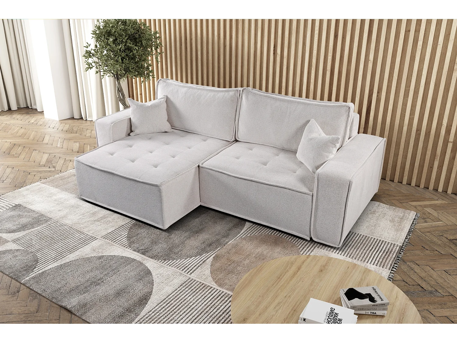 Canapé d'angle Bohoo en L avec convertible, tissu Raven, beige clair, gauche