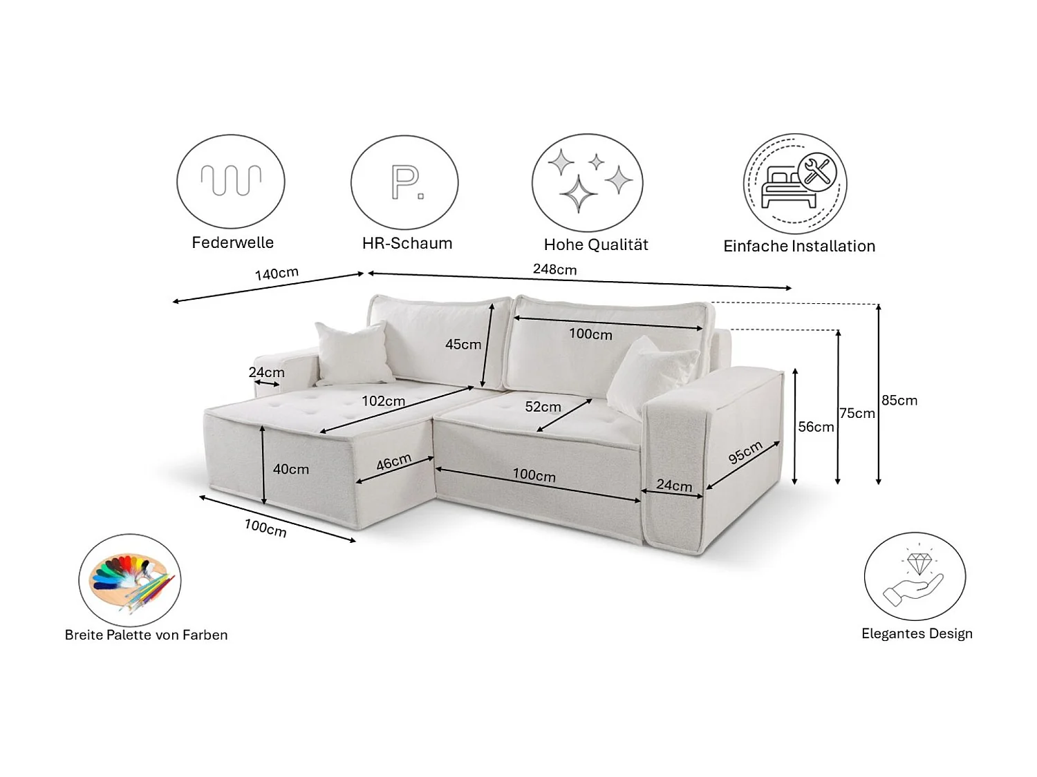 Canapé d'angle Bohoo en L avec convertible, tissu Raven, beige clair, gauche