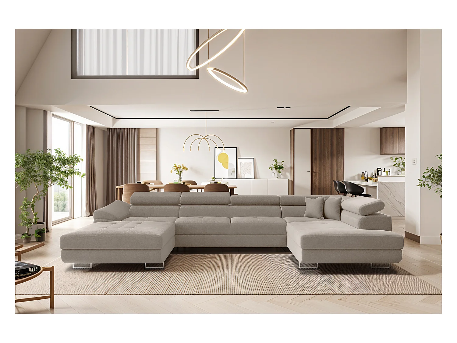 Canapé d'angle FALIO II en U avec fonction couchage, tissu Noel, beige froid, droit