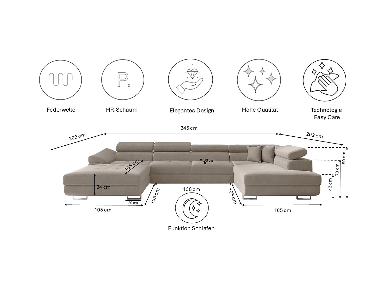 Canapé d'angle FALIO II en U avec fonction couchage, tissu Noel, beige froid, droit