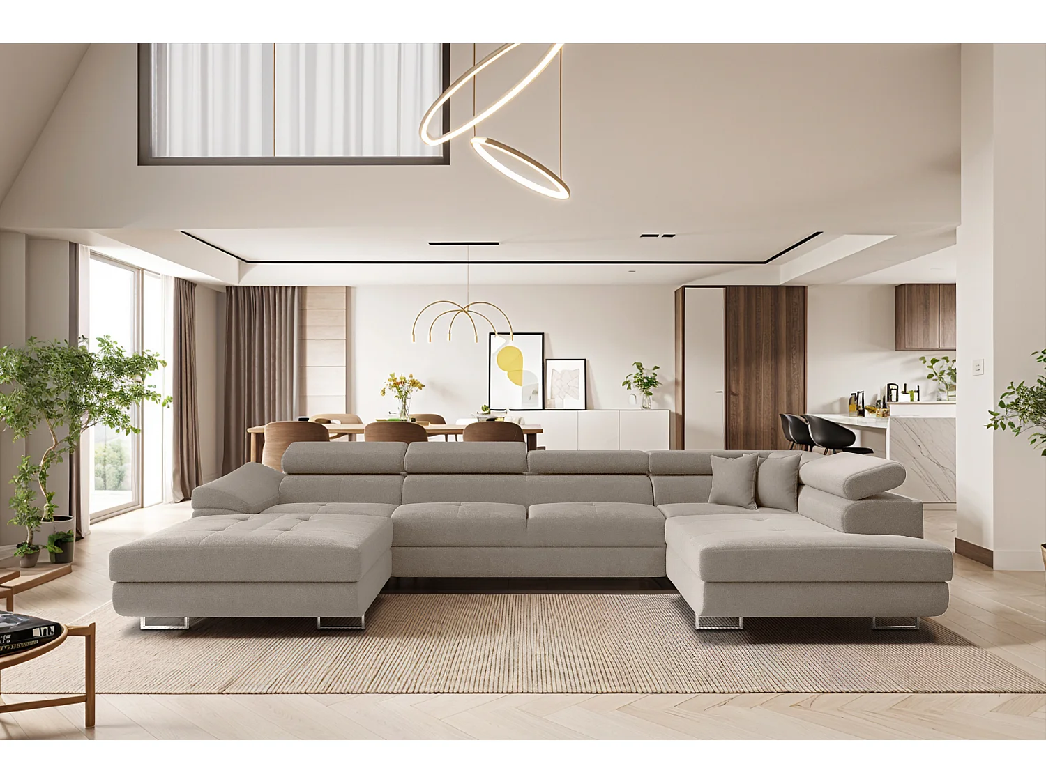 Canapé d'angle FALIO II en U avec fonction couchage, tissu Noel, beige froid, droit