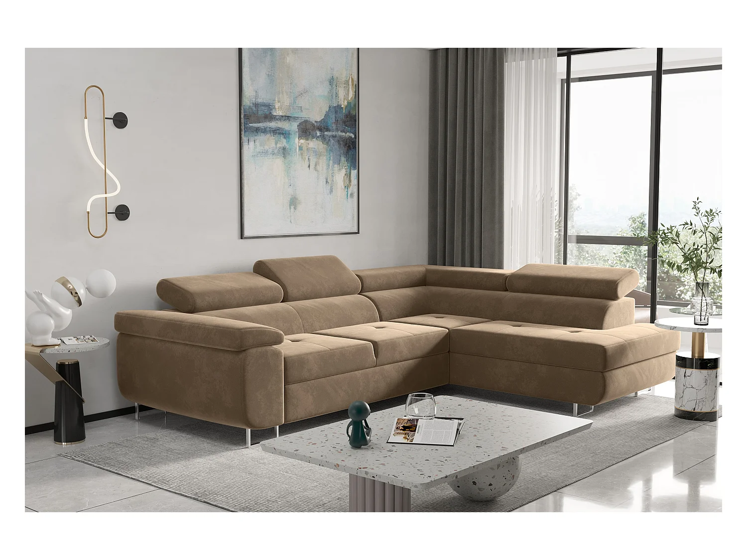 Canapé d'angle ATOM avec fonction couchage, tissu Monolith, marron clair, droit