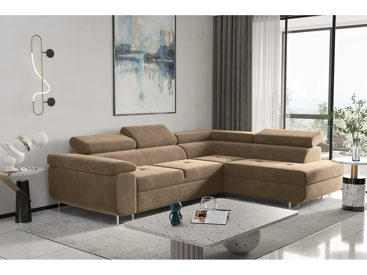 Canapé d'angle ATOM avec fonction couchage, tissu Monolith, marron clair, droit