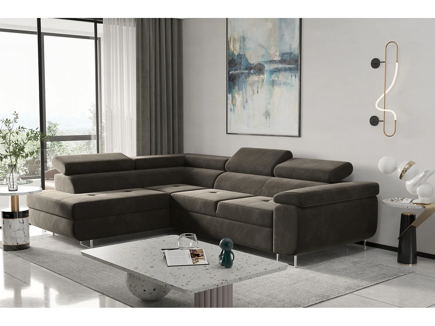 Canapé d'angle ATOM avec fonction couchage, tissu Monolith, marron, gauche