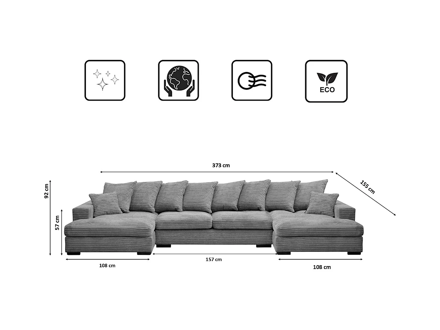 Canapé d'angle avec fonction couchage et coffre de lit, Canapé en U, Canapé en U tissu Gabon Zoom Gris