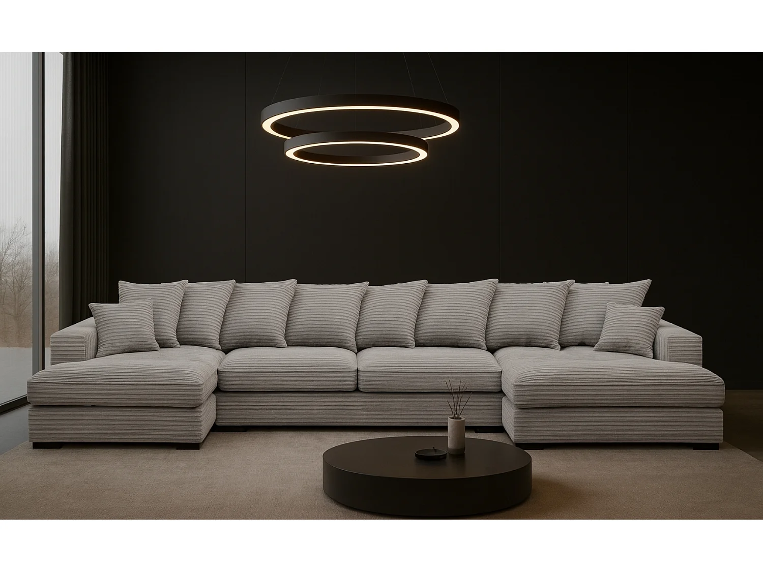 Canapé d'angle avec fonction couchage et coffre de lit, Canapé en U, Canapé en U tissu Gabon Zoom Gris