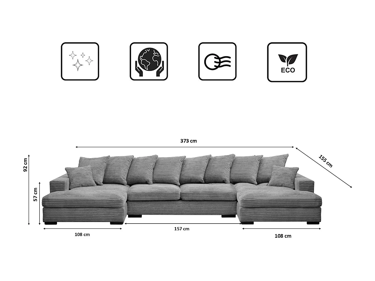 Canapé d'angle avec fonction couchage et coffre de lit, Canapé en U, Canapé en U tissu Gabon Zoom Gris