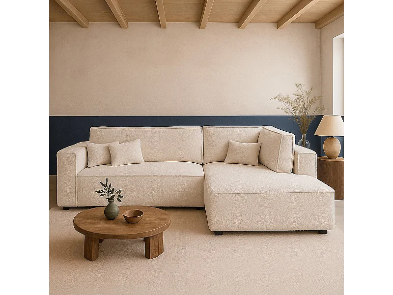 Canapé d'angle ouvert à droite convertible 3 places en tissu bouclé beige - Emma