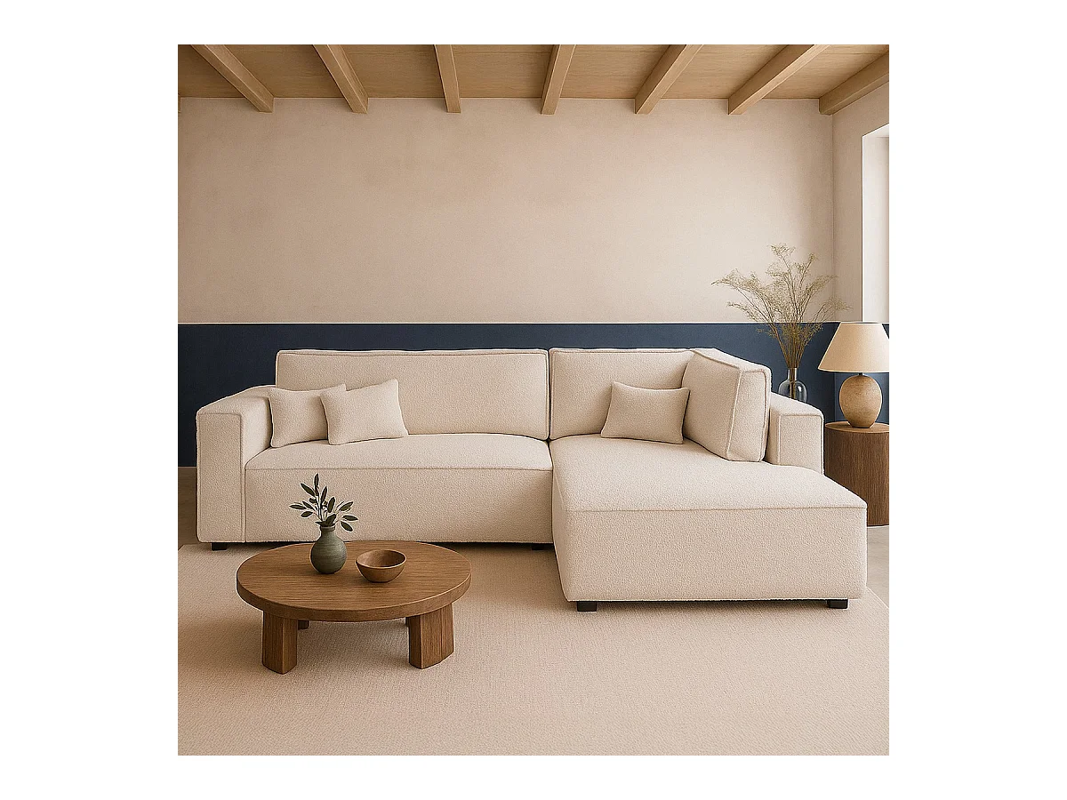 Canapé d'angle ouvert à droite convertible 3 places en tissu bouclé beige - Emma