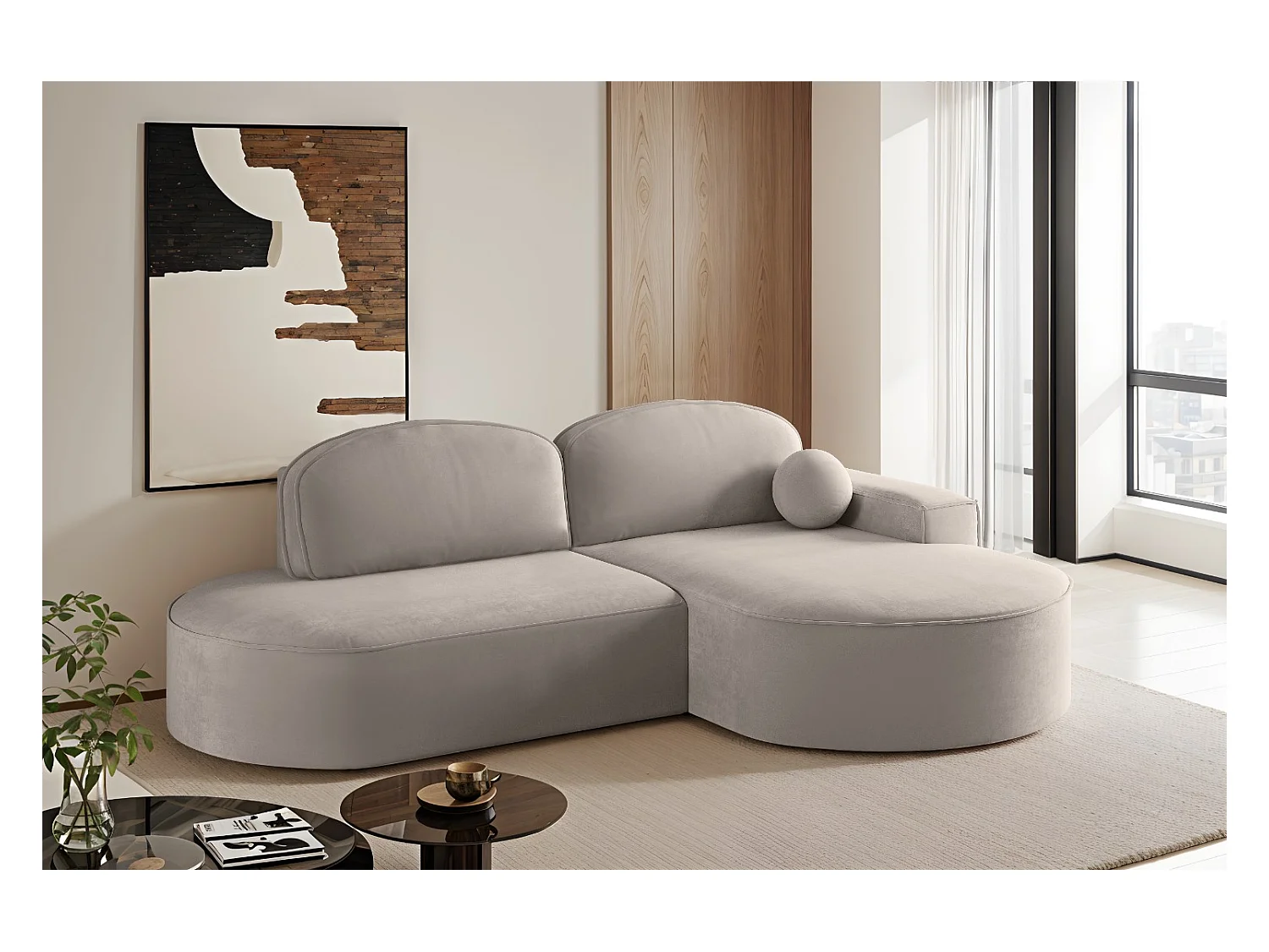 Canapé d'angle avec fonction couchage et coffre de lit Modena Rond tissu Salvador Beige clair Droite