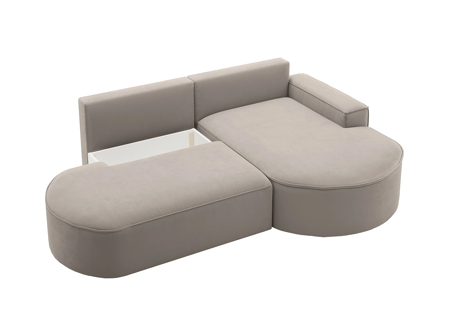 Canapé d'angle avec fonction couchage et coffre de lit Modena Rond tissu Salvador Beige clair Droite