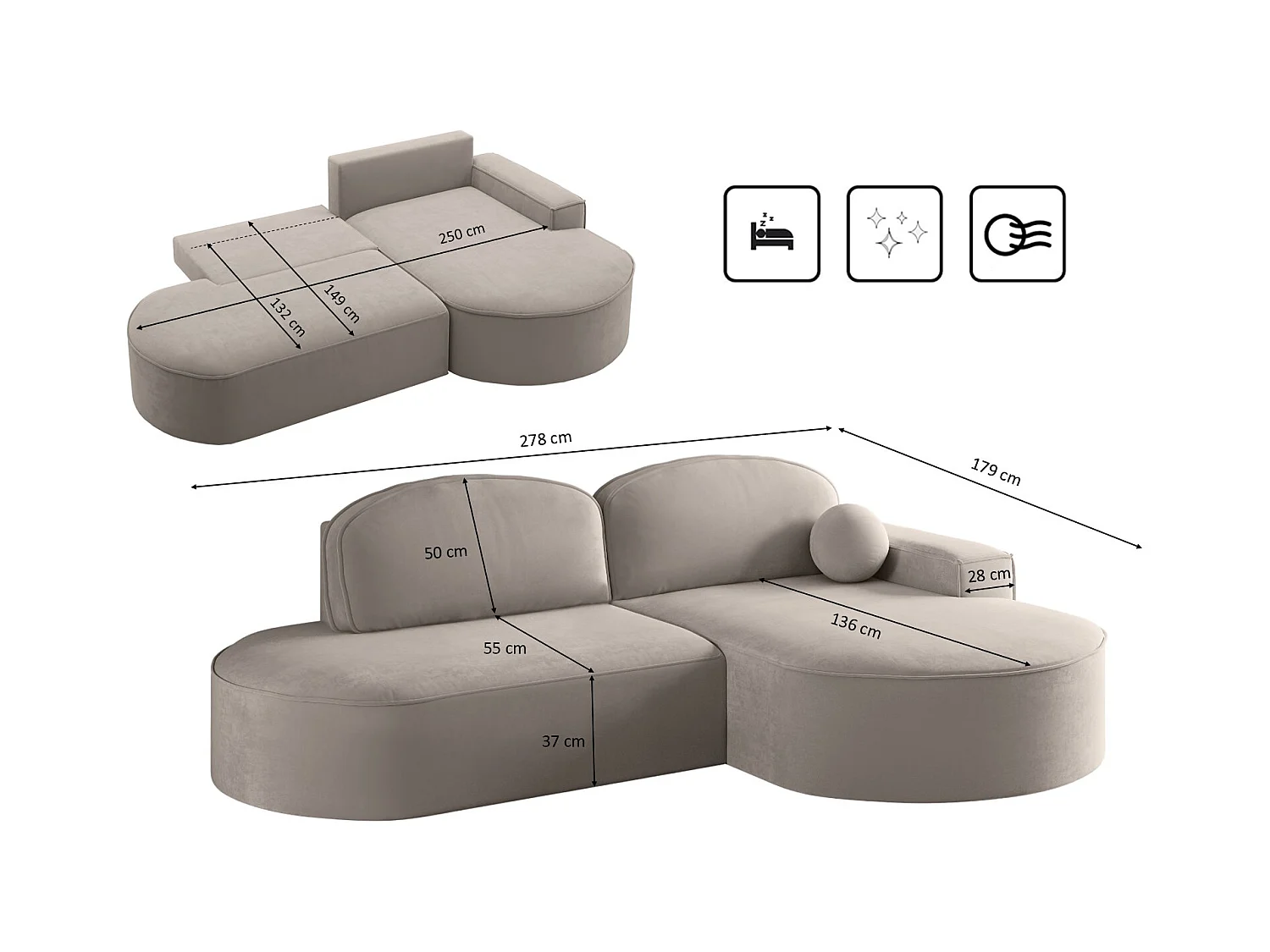 Canapé d'angle avec fonction couchage et coffre de lit Modena Rond tissu Salvador Beige clair Droite