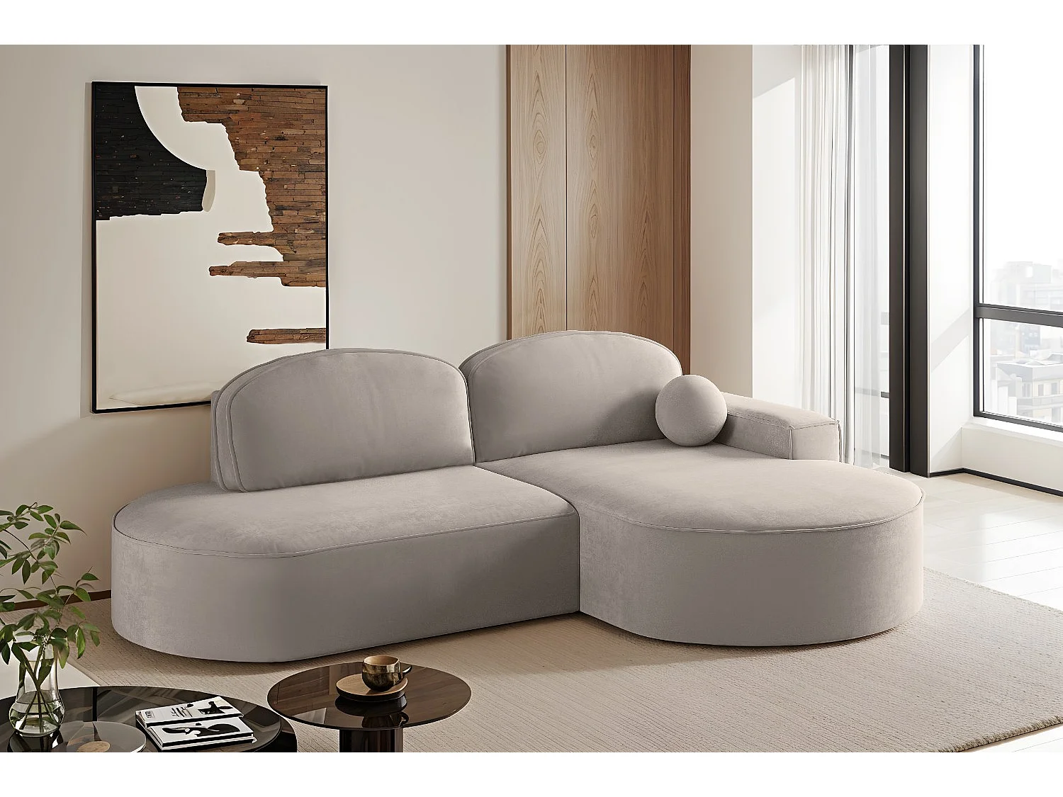 Hoekbank met slaapfunctie en bedstee Modena Rond stof Salvador Lichtbeige Rechts