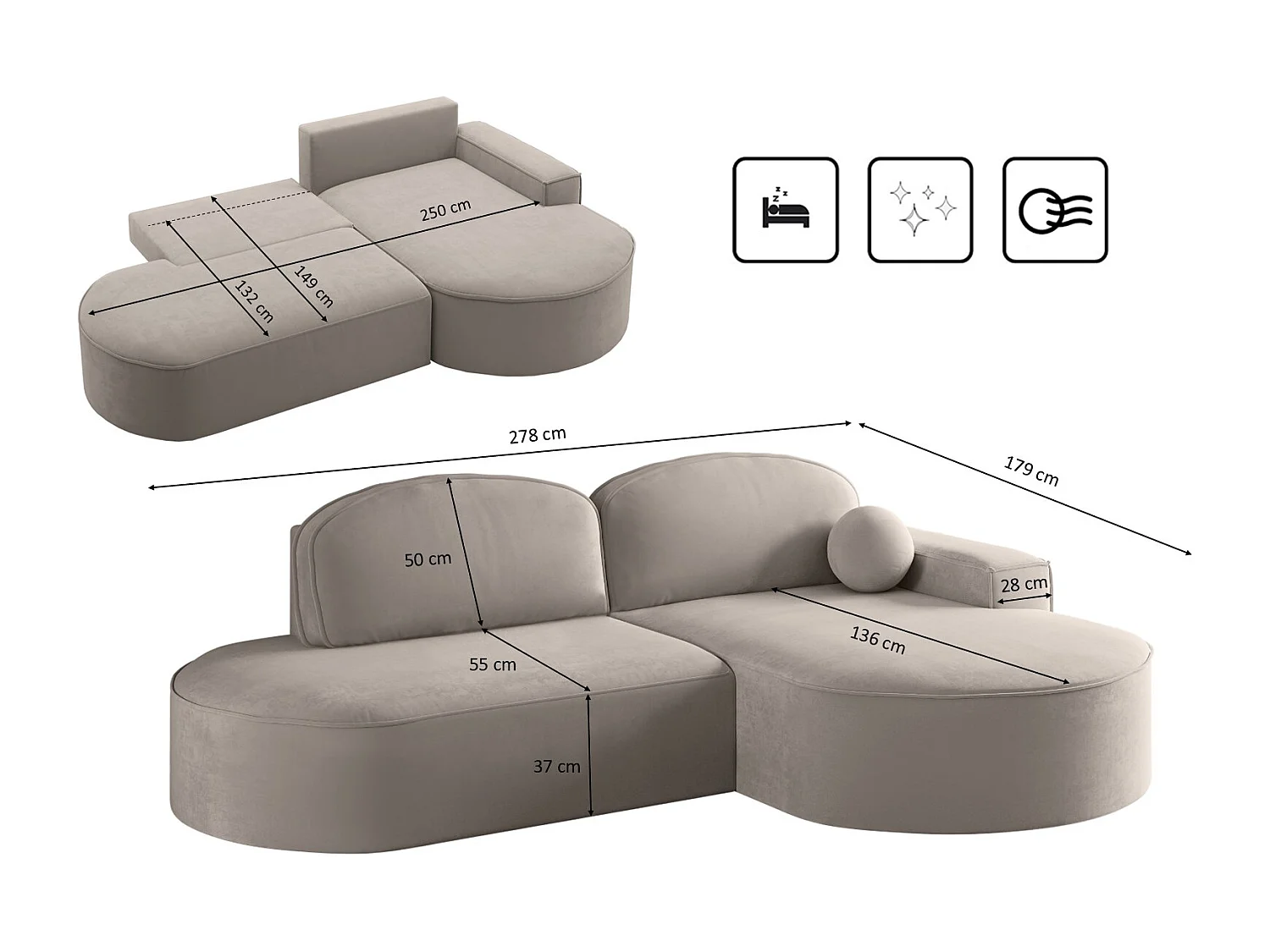 Hoekbank met slaapfunctie en bedstee Modena Rond stof Salvador Lichtbeige Rechts