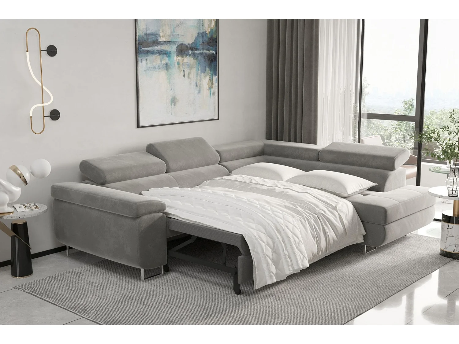 Canapé d'angle ATOM avec fonction couchage, tissu Monolith, moutarde, droit