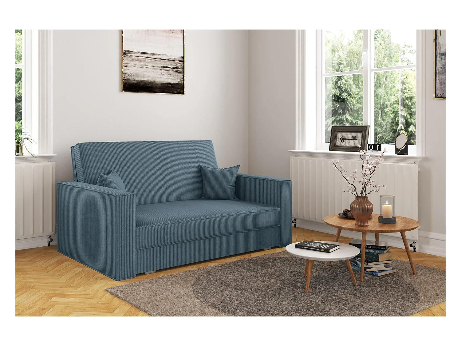 Klassisches Sofa, Schlaffunktion, AMERICA - Stoff Poso Blau