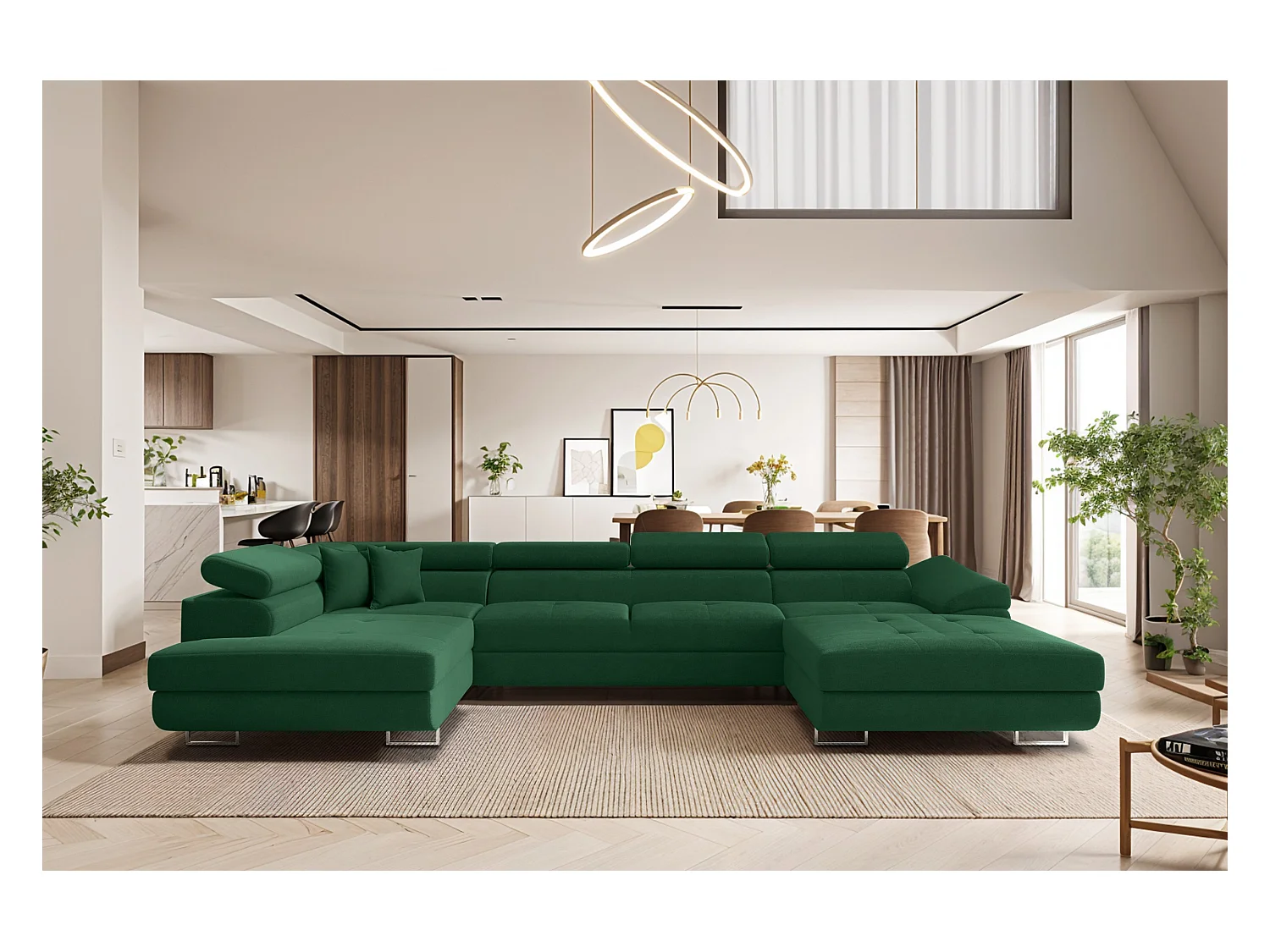 Canapé d'angle en U FALIO II avec fonction couchage, tissu Noel, vert foncé, gauche