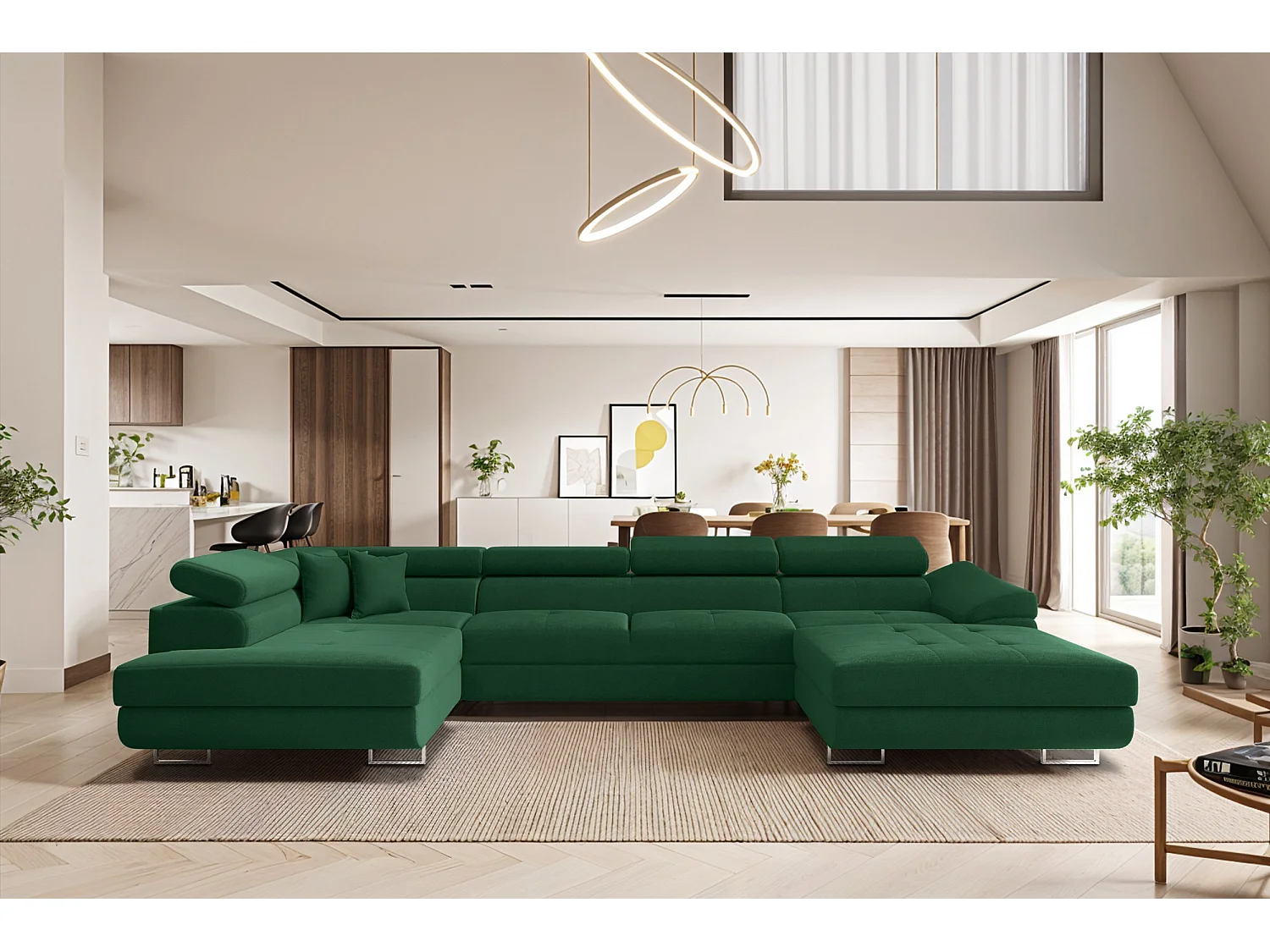 Canapé d'angle en U FALIO II avec fonction couchage, tissu Noel, vert foncé, gauche